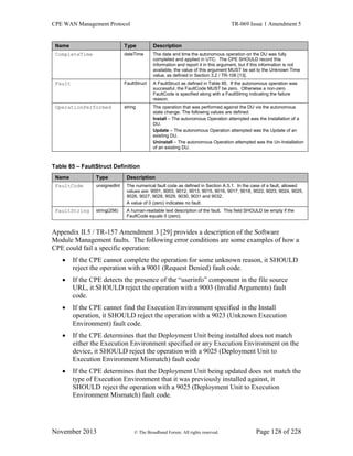 CPE WAN Management Protocol TR-069 Issue 1 Amendment 5
November 2013 © The Broadband Forum. All rights reserved. Page 128 of 228
Name Type Description
CompleteTime dateTime The date and time the autonomous operation on the DU was fully
completed and applied in UTC. The CPE SHOULD record this
information and report it in this argument, but if this information is not
available, the value of this argument MUST be set to the Unknown Time
value, as defined in Section 3.2 / TR-106 [13].
Fault FaultStruct A FaultStruct as defined in Table 85. If the autonomous operation was
successful, the FaultCode MUST be zero. Otherwise a non-zero
FaultCode is specified along with a FaultString indicating the failure
reason.
OperationPerformed string The operation that was performed against the DU via the autonomous
state change. The following values are defined:
Install – The autonomous Operation attempted was the Installation of a
DU.
Update – The autonomous Operation attempted was the Update of an
existing DU.
Uninstall – The autonomous Operation attempted was the Un-Installation
of an existing DU.
Table 85 – FaultStruct Definition
Name Type Description
FaultCode unsignedInt The numerical fault code as defined in Section A.5.1. In the case of a fault, allowed
values are: 9001, 9003, 9012, 9013, 9015, 9016, 9017, 9018, 9022, 9023, 9024, 9025,
9026, 9027, 9028, 9029, 9030, 9031 and 9032.
A value of 0 (zero) indicates no fault.
FaultString string(256) A human-readable text description of the fault. This field SHOULD be empty if the
FaultCode equals 0 (zero).
Appendix II.5 / TR-157 Amendment 3 [29] provides a description of the Software
Module Management faults. The following error conditions are some examples of how a
CPE could fail a specific operation:
 If the CPE cannot complete the operation for some unknown reason, it SHOULD
reject the operation with a 9001 (Request Denied) fault code.
 If the CPE detects the presence of the “userinfo” component in the file source
URL, it SHOULD reject the operation with a 9003 (Invalid Arguments) fault
code.
 If the CPE cannot find the Execution Environment specified in the Install
operation, it SHOULD reject the operation with a 9023 (Unknown Execution
Environment) fault code.
 If the CPE determines that the Deployment Unit being installed does not match
either the Execution Environment specified or any Execution Environment on the
device, it SHOULD reject the operation with a 9025 (Deployment Unit to
Execution Environment Mismatch) fault code
 If the CPE determines that the Deployment Unit being updated does not match the
type of Execution Environment that it was previously installed against, it
SHOULD reject the operation with a 9025 (Deployment Unit to Execution
Environment Mismatch) fault code.
 