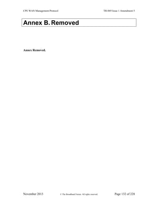 CPE WAN Management Protocol TR-069 Issue 1 Amendment 5
November 2013 © The Broadband Forum. All rights reserved. Page 132 of 228
Annex B. Removed
Annex Removed.
 