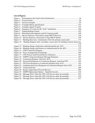 CPE WAN Management Protocol TR-069 Issue 1 Amendment 5
November 2013 © The Broadband Forum. All rights reserved. Page 14 of 228
List of Figures
Figure 1 – Positioning in the End-to-End Architecture .................................................... 18
Figure 2 – Protocol stack .................................................................................................. 26
Figure 3 – Session Example.............................................................................................. 69
Figure 4 – Example Option specification ....................................................................... 135
Figure 5 – Example signed Voucher............................................................................... 135
Figure 6 – Sequence of events for the “kick” mechanism.............................................. 140
Figure 7 – Signed package format .................................................................................. 142
Figure 8 – Download state diagram used for timeout model.......................................... 148
Figure 9 – Device-Gateway Association using DHCP Discover.................................... 158
Figure 10 – Device-Gateway Association Using DHCP Inform.................................... 159
Figure 11 – Binding discovery / maintenance from the primary source port ................. 173
Figure 12 – Binding Request from secondary source port for binding timeout discovery
................................................................................................................................. 174
Figure 13 – Binding change notification authenticated by the ACS .............................. 174
Figure 14 – Binding change notification not authenticated by the ACS ........................ 175
Figure 15 – UDP Connection Request............................................................................ 175
Figure 16 – Proxy management terminology.................................................................. 180
Figure 17 – CPE Proxier and Proxied Device references ............................................... 181
Figure 18 – XMPP Connection Request Message Sequence.......................................... 187
Figure 19 – Connection Request: sent from ACS........................................................... 193
Figure 20 – Successful Response to Connection Request: sent from CPE..................... 193
Figure 21 – 503 Error Response to Connection Request from ACS .............................. 193
Figure 22 – Authentication Error Response to Connection Request from ACS............. 193
Figure 23 – Turnaround time .......................................................................................... 206
Figure 24 – Router supporting 6 Proxied Devices.......................................................... 208
Figure 25 – XMPP Deployment Option – Stateful Firewall........................................... 218
Figure 26 – Message flows when the CPE LAN device starts up normally................... 222
Figure 27 – Message flows when the CPE LAN device starts up normally................... 224
Figure 28 – Message flows when the CPE LAN device starts up normally................... 227
 