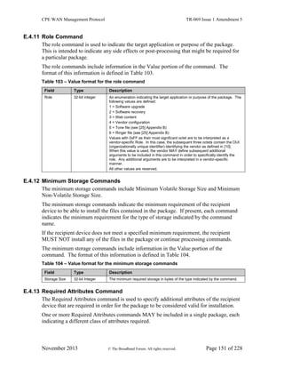 CPE WAN Management Protocol TR-069 Issue 1 Amendment 5
November 2013 © The Broadband Forum. All rights reserved. Page 151 of 228
E.4.11 Role Command
The role command is used to indicate the target application or purpose of the package.
This is intended to indicate any side effects or post-processing that might be required for
a particular package.
The role commands include information in the Value portion of the command. The
format of this information is defined in Table 103.
Table 103 – Value format for the role command
Field Type Description
Role 32-bit integer An enumeration indicating the target application or purpose of the package. The
following values are defined:
1 = Software upgrade
2 = Software recovery
3 = Web content
4 = Vendor configuration
5 = Tone file (see [25] Appendix B)
6 = Ringer file (see [25] Appendix B)
Values with 0xFF as their most significant octet are to be interpreted as a
vendor-specific Role. In this case, the subsequent three octets contain the OUI
(organizationally unique identifier) identifying the vendor as defined in [10].
When this value is used, the vendor MAY define subsequent additional
arguments to be included in this command in order to specifically identify the
role. Any additional arguments are to be interpreted in a vendor-specific
manner.
All other values are reserved.
E.4.12 Minimum Storage Commands
The minimum storage commands include Minimum Volatile Storage Size and Minimum
Non-Volatile Storage Size.
The minimum storage commands indicate the minimum requirement of the recipient
device to be able to install the files contained in the package. If present, each command
indicates the minimum requirement for the type of storage indicated by the command
name.
If the recipient device does not meet a specified minimum requirement, the recipient
MUST NOT install any of the files in the package or continue processing commands.
The minimum storage commands include information in the Value portion of the
command. The format of this information is defined in Table 104.
Table 104 – Value format for the minimum storage commands
Field Type Description
Storage Size 32-bit Integer The minimum required storage in bytes of the type indicated by the command.
E.4.13 Required Attributes Command
The Required Attributes command is used to specify additional attributes of the recipient
device that are required in order for the package to be considered valid for installation.
One or more Required Attributes commands MAY be included in a single package, each
indicating a different class of attributes required.
 