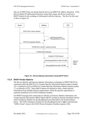 CPE WAN Management Protocol TR-069 Issue 1 Amendment 5
November 2013 © The Broadband Forum. All rights reserved. Page 159 of 228
The use of DHCP does not dictate that the device use DHCP for address allocation. If the
Device obtains IP addressing Parameters using other means, the device would use a
DHCP Inform for the exchange of information with the Gateway. The flow for this case
is show in Figure 10.
Gateway
TR-069 Inform (device + gateway identity)
ACSDevice
DHCP Inform (device identity)
DHCP Ack (gateway identity)
TR-069 Inform Response
Optional
Cross-
Check
Get ManageableDevice table (TR-069)
ManageableDevice table (TR-069)
Add device record to
ManageableDevice table
Establish TR-069 Session
Figure 10 – Device-Gateway Association Using DHCP Inform
F.2.5 DHCP Vendor Options
The Device Identity and Gateway Identity information exchanged via DHCP MUST be
contained within the DHCPv4 V-I Vendor-Specific Information Option (option number
125, as defined in [22]) or DHCPv6 Vendor-Specific Information Option (option number
17, as defined in [35]). These DHCP options are defined to allow vendor-specific
information from multiple distinct organizations, where the specific organization is
explicitly identified via an IANA Enterprise Number.
For DHCP messages that contain Device Identity or Gateway Identity information, the
Vendor-Specific Information DHCP Option MUST include an element identified with the
IANA Enterprise Number for the Broadband Forum that follows the format defined
below. The IANA Enterprise Number for the Broadband Forum is 3561 in decimal (the
“ADSL Forum” entry in the IANA Private Enterprise Numbers registry [18]).
 