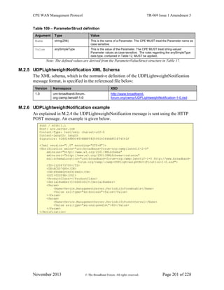 CPE WAN Management Protocol TR-069 Issue 1 Amendment 5
November 2013 © The Broadband Forum. All rights reserved. Page 201 of 228
Table 109 – ParameterStruct definition
Argument Type Value
Name string(256) This is the name of a Parameter. The CPE MUST treat the Parameter name as
case sensitive.
Value anySimpleType This is the value of the Parameter. The CPE MUST treat string-valued
Parameter values as case-sensitive. The rules regarding the anySimpleType
data type, contained in Table 12, MUST be applied..
Note: The defined values are derived from the ParameterValueStruct structure in Table 17.
M.2.5 UDPLightweightNotification XML Schema
The XML schema, which is the normative definition of the UDPLightweightNotification
message format, is specified in the referenced file below:
Version Namespace XSD
1.0 urn:broadband-forum-
org:cwmp:lwnotif-1-0
http://www.broadband-
forum.org/cwmp/UDPLightweightNotification-1-0.xsd
M.2.6 UDPLightweightNotification example
As explained in M.2.4 the UDPLightweightNotification message is sent using the HTTP
POST message. An example is given below.
POST / HTTP/1.1
Host: acs.server.com
Content-Type: text/xml; charset=utf-8
Content-Length: length
Signature: 42A424FB0C4938BBF08259514C64ABFC1E74C61F
<?xml version="1.0" encoding="UTF-8"?>
<Notification xmlns="urn:broadband-forum-org:cwmp:lwnotif-1-0"
xmlns:xs="http://www.w3.org/2001/XMLSchema"
xmlns:xsi="http://www.w3.org/2001/XMLSchema-instance"
xsi:schemaLocation="urn:broadband-forum-org:cwmp:lwnotif-1-0 http://www.broadband-
forum.org/cwmp/¬cwmp-UDPLightweightNotification-1-0.xsd">
<TS>1120673700</TS>
<UN>ACS57689</UN>
<CN>XTGRWIPC6D3IPXS3</CN>
<OUI>00D09E</OUI>
<ProductClass></ProductClass>
<SerialNumber>134SS03013</SerialNumber>
<Param>
<Name>Device.ManagementServer.PeriodicInformEnable</Name>
<Value xsi:type="xs:boolean">false</Value>
</Param>
<Param>
<Name>Device.ManagementServer.PeriodicInformInterval</Name>
<Value xsi:type="xs:unsignedInt">60</Value>
</Param>
</Notification>
 