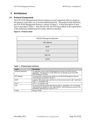 CPE WAN Management Protocol TR-069 Issue 1 Amendment 5
November 2013 © The Broadband Forum. All rights reserved. Page 26 of 228
2 Architecture
2.1 Protocol Components
The CPE WAN Management Protocol comprises several components that are unique to
this protocol, and makes use of several standard protocols. The protocol stack defined by
the CPE WAN Management Protocol is shown in Figure 2. A brief description of each
layer is provided in Table 1. Note that the CPE and ACS must adhere to the requirements
of the underlying standard protocols unless otherwise specified.
Figure 2 – Protocol stack
CPE/ACS Management Application
RPC Methods
SOAP
HTTP
SSL/TLS
TCP/IP
Table 1 – Protocol layer summary
Layer Description
CPE/ACS Application The application uses the CPE WAN Management Protocol on the CPE and ACS,
respectively. The application is locally defined and not specified as part of the CPE
WAN Management Protocol.
RPC Methods The specific RPC methods that are defined by the CPE WAN Management Protocol.
These methods are specified in Annex A.
SOAP A standard XML-based syntax used here to encode remote procedure calls. Specifically
SOAP 1.1, as specified in [9].
HTTP HTTP 1.1, as specified in [6].
TLS The standard Internet transport layer security protocol. Specifically, TLS 1.2 (Transport
Layer Security) as defined in [11] (or a later version). Note that previous versions of this
specification referenced SSL 3.0 and TLS 1.0.
TCP/IP Standard TCP/IP.
 