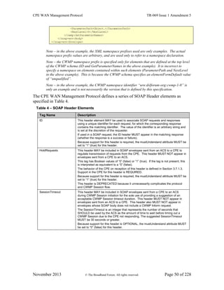 CPE WAN Management Protocol TR-069 Issue 1 Amendment 5
November 2013 © The Broadband Forum. All rights reserved. Page 50 of 228
<ParameterPath>Object.</ParameterPath>
<NextLevel>0</NextLevel>
</cwmp:GetParameterNames>
</soap-env:Body>
</soap-env:Envelope>
Note – in the above example, the XML namespace prefixes used are only examples. The actual
namespace prefix values are arbitrary, and are used only to refer to a namespace declaration.
Note – the CWMP namespace prefix is specified only for elements that are defined at the top level
of the CWMP schema (ID and GetParameterNames in the above example). It is incorrect to
specify a namespace on elements contained within such elements (ParameterPath and NextLevel
in the above example). This is because the CWMP schema specifies an elementFormDefault value
of “unqualified”.
Note – in the above example, the CWMP namespace identifier “urn:dslforum-org:cwmp-1-0” is
only an example and is not necessarily the version that is defined by this specification.
The CPE WAN Management Protocol defines a series of SOAP Header elements as
specified in Table 4.
Table 4 – SOAP Header Elements
Tag Name Description
ID This header element MAY be used to associate SOAP requests and responses
using a unique identifier for each request, for which the corresponding response
contains the matching identifier. The value of the identifier is an arbitrary string and
is set at the discretion of the requester.
If used in a SOAP request, the ID header MUST appear in the matching response
(whether the response is a success or failure).
Because support for this header is required, the mustUnderstand attribute MUST be
set to “1” (true) for this header.
HoldRequests This header MAY be included in SOAP envelopes sent from an ACS to a CPE to
regulate transmission of requests from the CPE. This header MUST NOT appear in
envelopes sent from a CPE to an ACS.
This tag has Boolean values of “0” (false) or “1” (true). If the tag is not present, this
is interpreted as equivalent to a “0” (false).
The behavior of the CPE on reception of this header is defined in Section 3.7.1.3.
Support in the CPE for this header is REQUIRED.
Because support for this header is required, the mustUnderstand attribute MUST be
set to “1” (true) for this header.
This header is DEPRECATED because it unnecessarily complicates the protocol
and CWMP Session flow.
SessionTimeout This header MAY be included in SOAP envelopes sent from a CPE to an ACS
during CWMP Session initiation for the sole use of providing a suggestion of an
acceptable CWMP Session timeout duration. This header MUST NOT appear in
envelopes sent from an ACS to a CPE. This header also MUST NOT appear in
envelopes whose SOAP body does not include a CWMP Inform request.
The SessionTimeout is an integer that represents the number of seconds that
SHOULD be used by the ACS as the amount of time to wait before timing out a
CWMP Session due to the CPE not responding. The suggested SessionTimeout
MUST be 30 seconds or greater.
Because support for this header is OPTIONAL, the mustUnderstand attribute MUST
be set to “0” (false) for this header.
 