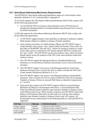 CPE WAN Management Protocol TR-069 Issue 1 Amendment 5
November 2013 © The Broadband Forum. All rights reserved. Page 53 of 228
3.6.1 Alias-Based Addressing Mechanism Requirements
The OPTIONAL Alias-Based Addressing Mechanism makes use of the Instance Alias
identifiers defined in A.2.2.2 and described in Appendix II.
An ACS that supports the Alias-Based Addressing Mechanism MUST fully comply with
all the following requirements:
1. An ACS MUST NOT use Instance Alias identifiers with a CPE that has not
included the ManagementServer.AliasBasedAddressing Parameter (set to true) in
the Inform Parameters.
A CPE that supports the Alias-Based Addressing Mechanism MUST fully comply with
all the following requirements:
1. A CPE MUST support Instance Alias identifiers as alternative methods to address
Multi-Instance Objects in addition to Instance Number identifiers.
2. Upon creating an instance of a Multi-Instance Object, the CPE MUST assign a
unique Instance Alias (using a "cpe-" prefix) unless the Instance Alias value was
provided in CWMP RPC from the ACS. Aliases for instances created as a result
of any other action or contained in CPE factory defaults MUST be created with
the “cpe-“ prefix. The CPE MUST use the same Instance Alias values for factory
default objects across all instances of the CPE of the same hardware model and
software version.
3. The CPE MUST support the ManagementServer.AliasBasedAddressing
Parameter as a Forced Inform Parameter and include it (set to true) in all Inform
messages.
4. The CPE MUST support write access to the ManagementServer.AutoCreate-
Instances Parameter that is used by the ACS to enable or disable the CPE Auto-
Create Instance Mechanism (defined in A.3.2.1).
5. The CPE MUST support write access to the ManagementServer.InstanceMode
Parameter. This is used by the ACS to control whether the CPE will use Instance
Numbers or Instance Aliases in returned Path Names as detailed in requirements
6, 7, 8 and 9.
6. Upon receiving a request, the CPE MUST support uniform or mixed Instance
Identifiers for Objects in the Parameter Path Name. A mixed Parameter Path
Name has different Instance Identifier types (Instance Number or Instance Alias)
at the different node levels. When issuing a response, the CPE MUST match each
Object in the Parameter Path Name at each node level with the same Instance
Identifier type (Instance Number or Instance Alias) in the ACS request. All
permutations (in any order) present in the following table are valid and MUST be
supported:
Path Type Message Path Name Example
Uniform Instance
Number Identifier
Request TopGroup.Lev1Obj.1.Lev2Obj.1.
Response TopGroup.Lev1Obj.1.Lev2Obj.1.Parameter
Uniform Instance
Alias Identifier
Request TopGroup.Lev1Obj.[a].Lev2Obj.[b].
Response TopGroup.Lev1Obj.[a].Lev2Obj.[b].Parameter
 