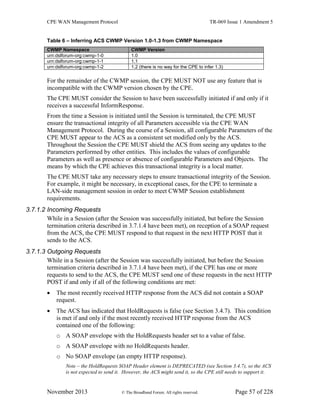 CPE WAN Management Protocol TR-069 Issue 1 Amendment 5
November 2013 © The Broadband Forum. All rights reserved. Page 57 of 228
Table 6 – Inferring ACS CWMP Version 1.0-1.3 from CWMP Namespace
CWMP Namespace CWMP Version
urn:dslforum-org:cwmp-1-0 1.0
urn:dslforum-org:cwmp-1-1 1.1
urn:dslforum-org:cwmp-1-2 1.2 (there is no way for the CPE to infer 1.3)
For the remainder of the CWMP session, the CPE MUST NOT use any feature that is
incompatible with the CWMP version chosen by the CPE.
The CPE MUST consider the Session to have been successfully initiated if and only if it
receives a successful InformResponse.
From the time a Session is initiated until the Session is terminated, the CPE MUST
ensure the transactional integrity of all Parameters accessible via the CPE WAN
Management Protocol. During the course of a Session, all configurable Parameters of the
CPE MUST appear to the ACS as a consistent set modified only by the ACS.
Throughout the Session the CPE MUST shield the ACS from seeing any updates to the
Parameters performed by other entities. This includes the values of configurable
Parameters as well as presence or absence of configurable Parameters and Objects. The
means by which the CPE achieves this transactional integrity is a local matter.
The CPE MUST take any necessary steps to ensure transactional integrity of the Session.
For example, it might be necessary, in exceptional cases, for the CPE to terminate a
LAN-side management session in order to meet CWMP Session establishment
requirements.
3.7.1.2 Incoming Requests
While in a Session (after the Session was successfully initiated, but before the Session
termination criteria described in 3.7.1.4 have been met), on reception of a SOAP request
from the ACS, the CPE MUST respond to that request in the next HTTP POST that it
sends to the ACS.
3.7.1.3 Outgoing Requests
While in a Session (after the Session was successfully initiated, but before the Session
termination criteria described in 3.7.1.4 have been met), if the CPE has one or more
requests to send to the ACS, the CPE MUST send one of these requests in the next HTTP
POST if and only if all of the following conditions are met:
 The most recently received HTTP response from the ACS did not contain a SOAP
request.
 The ACS has indicated that HoldRequests is false (see Section 3.4.7). This condition
is met if and only if the most recently received HTTP response from the ACS
contained one of the following:
o A SOAP envelope with the HoldRequests header set to a value of false.
o A SOAP envelope with no HoldRequests header.
o No SOAP envelope (an empty HTTP response).
Note – the HoldRequests SOAP Header element is DEPRECATED (see Section 3.4.7), so the ACS
is not expected to send it. However, the ACS might send it, so the CPE still needs to support it.
 