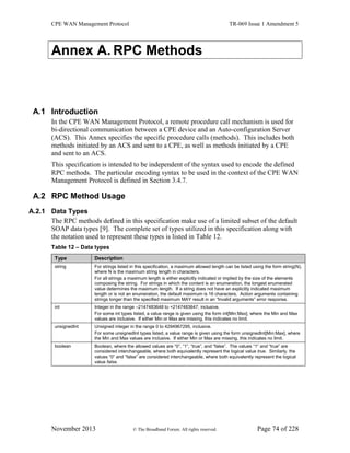 CPE WAN Management Protocol TR-069 Issue 1 Amendment 5
November 2013 © The Broadband Forum. All rights reserved. Page 74 of 228
Annex A. RPC Methods
A.1 Introduction
In the CPE WAN Management Protocol, a remote procedure call mechanism is used for
bi-directional communication between a CPE device and an Auto-configuration Server
(ACS). This Annex specifies the specific procedure calls (methods). This includes both
methods initiated by an ACS and sent to a CPE, as well as methods initiated by a CPE
and sent to an ACS.
This specification is intended to be independent of the syntax used to encode the defined
RPC methods. The particular encoding syntax to be used in the context of the CPE WAN
Management Protocol is defined in Section 3.4.7.
A.2 RPC Method Usage
A.2.1 Data Types
The RPC methods defined in this specification make use of a limited subset of the default
SOAP data types [9]. The complete set of types utilized in this specification along with
the notation used to represent these types is listed in Table 12.
Table 12 – Data types
Type Description
string For strings listed in this specification, a maximum allowed length can be listed using the form string(N),
where N is the maximum string length in characters.
For all strings a maximum length is either explicitly indicated or implied by the size of the elements
composing the string. For strings in which the content is an enumeration, the longest enumerated
value determines the maximum length. If a string does not have an explicitly indicated maximum
length or is not an enumeration, the default maximum is 16 characters. Action arguments containing
strings longer than the specified maximum MAY result in an “Invalid arguments” error response.
int Integer in the range –2147483648 to +2147483647, inclusive.
For some int types listed, a value range is given using the form int[Min:Max], where the Min and Max
values are inclusive. If either Min or Max are missing, this indicates no limit.
unsignedInt Unsigned integer in the range 0 to 4294967295, inclusive.
For some unsignedInt types listed, a value range is given using the form unsignedInt[Min:Max], where
the Min and Max values are inclusive. If either Min or Max are missing, this indicates no limit.
boolean Boolean, where the allowed values are “0”, “1”, “true”, and “false”. The values “1” and “true” are
considered interchangeable, where both equivalently represent the logical value true. Similarly, the
values “0” and “false” are considered interchangeable, where both equivalently represent the logical
value false.
 