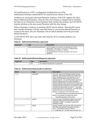 CPE WAN Management Protocol TR-069 Issue 1 Amendment 5
November 2013 © The Broadband Forum. All rights reserved. Page 85 of 228
All modifications to a CPE’s configuration resulting from use of the
SetParameterAttributes method MUST be retained across reboots of the CPE.
Attributes are associated with actual Parameter instances. If the CPE supports the Alias-
Based Addressing Mechanism, when the alias of an instance is changed and an Attribute
has been set on a Parameter whose Parameter Path includes that instance, the CPE MUST
keep the attribute on the same actual Parameter after the alias change.
When a Parameter is deleted, its attributes MUST also be deleted. Note that this means
that if another Parameter with the same Path Name as a previously deleted Parameter is
created in the future, this new Parameter will not inherit attributes from the previously
deleted Parameter.
A CPE MUST NOT allow any entity other than the ACS to modify attributes of a
Parameter.
Table 23 – SetParameterAttributes arguments
Argument Type Description
ParameterList SetParameterAttributesStruct[] List of changes to be made to the attributes for a set of
Parameters. Each entry in this array is a SetParameter-
AttributesStruct as defined in Table 25.
As described above, the order of entries in this array is
significant.
Table 24 – SetParameterAttributesResponse arguments
Argument Type Description
- void This method response has no arguments.
Table 25 – SetParameterAttributesStruct definition
Name Type Description
Name string(256) This is the name of a Parameter to apply the new
attributes. Alternatively, this MAY be a Partial Path
Name, indicating that the new attributes are to be
applied to all Parameters below this point in the
naming hierarchy. For such Parameters within Multi-
Instance Objects where the Instance Identifier is
below the specified point in the naming hierarchy, the
specified attribute values MUST only be applied within
instances that exist at the time this method is invoked.
A Partial Path Name MUST end with a “.” (dot) after
the last node name in the hierarchy. An empty string
indicates the top of the name hierarchy.
Below is an example of a full Parameter name:
InternetGatewayDevice.DeviceInfo.SerialNumber
Below is an example of a Partial Path Name:
InternetGatewayDevice.DeviceInfo.
NotificationChange boolean If true, the value of Notification replaces the current
notification setting for this Parameter or group of
Parameters. If false, no change is made to the
notification setting.
Notification int[0:6] Indicates whether (and how) the CPE will notify the
ACS when the specified Parameter(s) change in
value. The following values are defined:
0 = Notification off. The CPE need not inform the
 