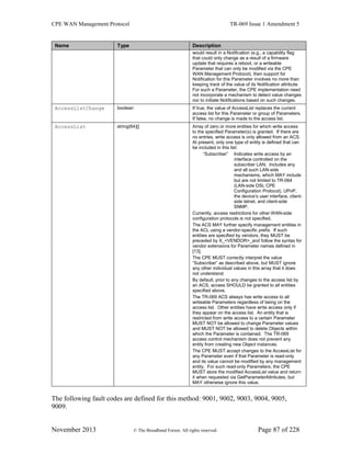 CPE WAN Management Protocol TR-069 Issue 1 Amendment 5
November 2013 © The Broadband Forum. All rights reserved. Page 87 of 228
Name Type Description
would result in a Notification (e.g., a capability flag
that could only change as a result of a firmware
update that requires a reboot, or a writeable
Parameter that can only be modified via the CPE
WAN Management Protocol), then support for
Notification for this Parameter involves no more than
keeping track of the value of its Notification attribute.
For such a Parameter, the CPE implementation need
not incorporate a mechanism to detect value changes
nor to initiate Notifications based on such changes.
AccessListChange boolean If true, the value of AccessList replaces the current
access list for this Parameter or group of Parameters.
If false, no change is made to the access list.
AccessList string(64)[] Array of zero or more entities for which write access
to the specified Parameter(s) is granted. If there are
no entries, write access is only allowed from an ACS.
At present, only one type of entity is defined that can
be included in this list:
“Subscriber” Indicates write access by an
interface controlled on the
subscriber LAN. Includes any
and all such LAN-side
mechanisms, which MAY include
but are not limited to TR-064
(LAN-side DSL CPE
Configuration Protocol), UPnP,
the device’s user interface, client-
side telnet, and client-side
SNMP.
Currently, access restrictions for other WAN-side
configuration protocols is not specified.
The ACS MAY further specify management entities in
the ACL using a vendor-specific prefix. If such
entities are specified by vendors, they MUST be
preceded by X_<VENDOR>_and follow the syntax for
vendor extensions for Parameter names defined in
[13].
The CPE MUST correctly interpret the value
“Subscriber” as described above, but MUST ignore
any other individual values in this array that it does
not understand.
By default, prior to any changes to the access list by
an ACS, access SHOULD be granted to all entities
specified above.
The TR-069 ACS always has write access to all
writeable Parameters regardless of being on the
access list. Other entities have write access only if
they appear on the access list. An entity that is
restricted from write access to a certain Parameter
MUST NOT be allowed to change Parameter values
and MUST NOT be allowed to delete Objects within
which the Parameter is contained. The TR-069
access control mechanism does not prevent any
entity from creating new Object instances.
The CPE MUST accept changes to the AccessList for
any Parameter even if that Parameter is read-only
and its value cannot be modified by any management
entity. For such read-only Parameters, the CPE
MUST store the modified AccessList value and return
it when requested via GetParameterAttributes, but
MAY otherwise ignore this value.
The following fault codes are defined for this method: 9001, 9002, 9003, 9004, 9005,
9009.
 