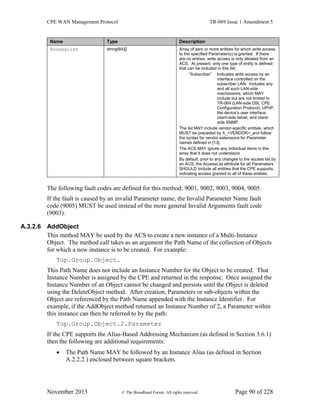 CPE WAN Management Protocol TR-069 Issue 1 Amendment 5
November 2013 © The Broadband Forum. All rights reserved. Page 90 of 228
Name Type Description
AccessList string(64)[] Array of zero or more entities for which write access
to the specified Parameter(s) is granted. If there
are no entries, write access is only allowed from an
ACS. At present, only one type of entity is defined
that can be included in this list:
“Subscriber” Indicates write access by an
interface controlled on the
subscriber LAN. Includes any
and all such LAN-side
mechanisms, which MAY
include but are not limited to
TR-064 (LAN-side DSL CPE
Configuration Protocol), UPnP,
the device’s user interface,
client-side telnet, and client-
side SNMP.
The list MAY include vendor-specific entities, which
MUST be preceded by X_<VENDOR>_and follow
the syntax for vendor extensions for Parameter
names defined in [13].
The ACS MAY ignore any individual items in this
array that it does not understand.
By default, prior to any changes to the access list by
an ACS, the AccessList attribute for all Parameters
SHOULD include all entities that the CPE supports,
indicating access granted to all of these entities.
The following fault codes are defined for this method: 9001, 9002, 9003, 9004, 9005.
If the fault is caused by an invalid Parameter name, the Invalid Parameter Name fault
code (9005) MUST be used instead of the more general Invalid Arguments fault code
(9003).
A.3.2.6 AddObject
This method MAY be used by the ACS to create a new instance of a Multi-Instance
Object. The method call takes as an argument the Path Name of the collection of Objects
for which a new instance is to be created. For example:
Top.Group.Object.
This Path Name does not include an Instance Number for the Object to be created. That
Instance Number is assigned by the CPE and returned in the response. Once assigned the
Instance Number of an Object cannot be changed and persists until the Object is deleted
using the DeleteObject method. After creation, Parameters or sub-objects within the
Object are referenced by the Path Name appended with the Instance Identifier. For
example, if the AddObject method returned an Instance Number of 2, a Parameter within
this instance can then be referred to by the path:
Top.Group.Object.2.Parameter
If the CPE supports the Alias-Based Addressing Mechanism (as defined in Section 3.6.1)
then the following are additional requirements:
 The Path Name MAY be followed by an Instance Alias (as defined in Section
A.2.2.2 ) enclosed between square brackets.
 
