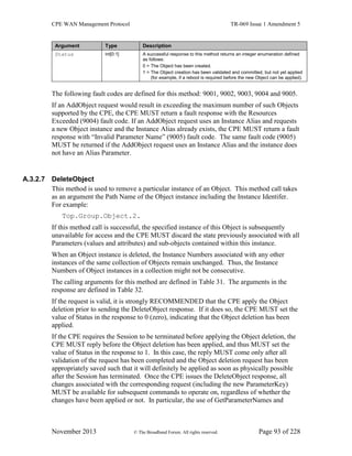 CPE WAN Management Protocol TR-069 Issue 1 Amendment 5
November 2013 © The Broadband Forum. All rights reserved. Page 93 of 228
Argument Type Description
Status int[0:1] A successful response to this method returns an integer enumeration defined
as follows:
0 = The Object has been created.
1 = The Object creation has been validated and committed, but not yet applied
(for example, if a reboot is required before the new Object can be applied).
The following fault codes are defined for this method: 9001, 9002, 9003, 9004 and 9005.
If an AddObject request would result in exceeding the maximum number of such Objects
supported by the CPE, the CPE MUST return a fault response with the Resources
Exceeded (9004) fault code. If an AddObject request uses an Instance Alias and requests
a new Object instance and the Instance Alias already exists, the CPE MUST return a fault
response with “Invalid Parameter Name” (9005) fault code. The same fault code (9005)
MUST be returned if the AddObject request uses an Instance Alias and the instance does
not have an Alias Parameter.
A.3.2.7 DeleteObject
This method is used to remove a particular instance of an Object. This method call takes
as an argument the Path Name of the Object instance including the Instance Identifer.
For example:
Top.Group.Object.2.
If this method call is successful, the specified instance of this Object is subsequently
unavailable for access and the CPE MUST discard the state previously associated with all
Parameters (values and attributes) and sub-objects contained within this instance.
When an Object instance is deleted, the Instance Numbers associated with any other
instances of the same collection of Objects remain unchanged. Thus, the Instance
Numbers of Object instances in a collection might not be consecutive.
The calling arguments for this method are defined in Table 31. The arguments in the
response are defined in Table 32.
If the request is valid, it is strongly RECOMMENDED that the CPE apply the Object
deletion prior to sending the DeleteObject response. If it does so, the CPE MUST set the
value of Status in the response to 0 (zero), indicating that the Object deletion has been
applied.
If the CPE requires the Session to be terminated before applying the Object deletion, the
CPE MUST reply before the Object deletion has been applied, and thus MUST set the
value of Status in the response to 1. In this case, the reply MUST come only after all
validation of the request has been completed and the Object deletion request has been
appropriately saved such that it will definitely be applied as soon as physically possible
after the Session has terminated. Once the CPE issues the DeleteObject response, all
changes associated with the corresponding request (including the new ParameterKey)
MUST be available for subsequent commands to operate on, regardless of whether the
changes have been applied or not. In particular, the use of GetParameterNames and
 