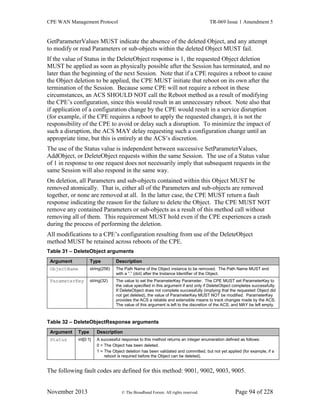 CPE WAN Management Protocol TR-069 Issue 1 Amendment 5
November 2013 © The Broadband Forum. All rights reserved. Page 94 of 228
GetParameterValues MUST indicate the absence of the deleted Object, and any attempt
to modify or read Parameters or sub-objects within the deleted Object MUST fail.
If the value of Status in the DeleteObject response is 1, the requested Object deletion
MUST be applied as soon as physically possible after the Session has terminated, and no
later than the beginning of the next Session. Note that if a CPE requires a reboot to cause
the Object deletion to be applied, the CPE MUST initiate that reboot on its own after the
termination of the Session. Because some CPE will not require a reboot in these
circumstances, an ACS SHOULD NOT call the Reboot method as a result of modifying
the CPE’s configuration, since this would result in an unnecessary reboot. Note also that
if application of a configuration change by the CPE would result in a service disruption
(for example, if the CPE requires a reboot to apply the requested change), it is not the
responsibility of the CPE to avoid or delay such a disruption. To minimize the impact of
such a disruption, the ACS MAY delay requesting such a configuration change until an
appropriate time, but this is entirely at the ACS’s discretion.
The use of the Status value is independent between successive SetParameterValues,
AddObject, or DeleteObject requests within the same Session. The use of a Status value
of 1 in response to one request does not necessarily imply that subsequent requests in the
same Session will also respond in the same way.
On deletion, all Parameters and sub-objects contained within this Object MUST be
removed atomically. That is, either all of the Parameters and sub-objects are removed
together, or none are removed at all. In the latter case, the CPE MUST return a fault
response indicating the reason for the failure to delete the Object. The CPE MUST NOT
remove any contained Parameters or sub-objects as a result of this method call without
removing all of them. This requirement MUST hold even if the CPE experiences a crash
during the process of performing the deletion.
All modifications to a CPE’s configuration resulting from use of the DeleteObject
method MUST be retained across reboots of the CPE.
Table 31 – DeleteObject arguments
Argument Type Description
ObjectName string(256) The Path Name of the Object instance to be removed. The Path Name MUST end
with a “.” (dot) after the Instance Identifier of the Object.
ParameterKey string(32) The value to set the ParameterKey Parameter. The CPE MUST set ParameterKey to
the value specified in this argument if and only if DeleteObject completes successfully.
If DeleteObject does not complete successfully (implying that the requested Object did
not get deleted), the value of ParameterKey MUST NOT be modified. ParameterKey
provides the ACS a reliable and extensible means to track changes made by the ACS.
The value of this argument is left to the discretion of the ACS, and MAY be left empty.
Table 32 – DeleteObjectResponse arguments
Argument Type Description
Status int[0:1] A successful response to this method returns an integer enumeration defined as follows:
0 = The Object has been deleted.
1 = The Object deletion has been validated and committed, but not yet applied (for example, if a
reboot is required before the Object can be deleted).
The following fault codes are defined for this method: 9001, 9002, 9003, 9005.
 