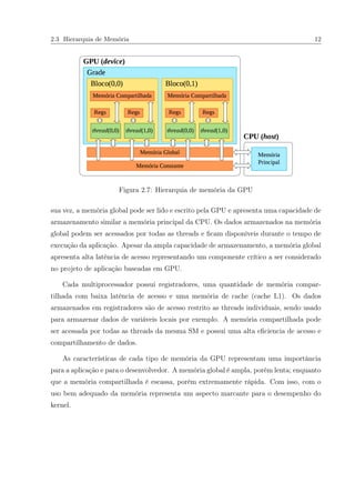 2.3 Hierarquia de Memória 12
Figura 2.7: Hierarquia de memória da GPU
sua vez, a memória global pode ser lido e escrito pela GPU e apresenta uma capacidade de
armazenamento similar a memória principal da CPU. Os dados armazenados na memória
global podem ser acessados por todas as threads e ﬁcam disponíveis durante o tempo de
execução da aplicação. Apesar da ampla capacidade de armazenamento, a memória global
apresenta alta latência de acesso representando um componente crítico a ser considerado
no projeto de aplicação baseadas em GPU.
Cada multiprocessador possui registradores, uma quantidade de memória compar-
tilhada com baixa latência de acesso e uma memória de cache (cache L1). Os dados
armazenados em registradores são de acesso restrito as threads individuais, sendo usado
para armazenar dados de variáveis locais por exemplo. A memória compartilhada pode
ser acessada por todas as threads da mesma SM e possui uma alta eﬁciencia de acesso e
compartilhamento de dados.
As características de cada tipo de memória da GPU representam uma importância
para a aplicação e para o desenvolvedor. A memória global é ampla, porém lenta; enquanto
que a memória compartilhada é escassa, porém extremamente rápida. Com isso, com o
uso bem adequado da memória representa um aspecto marcante para o desempenho do
kernel.
 