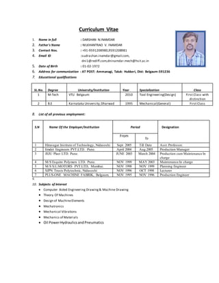 Curriculum Vitae
1. Name in full : DARSHAN N.INAMDAR
2. Father's Name : NILKHANTRAO V. INAMDAR
3. Contact Nos. : +91-9591208980,9591208981
4. Email ID :sudrashan.inamdar@gmail.com,
dni1@rediff.com,dninamdar.mech@hsit.ac.in
5. Date of Birth : 01-02-1972
6. Address for communication : AT POST: Ammanagi, Taluk: Hukkeri, Dist: Belgaum-591236
7. Educational qualifications
SL.No. Degree University/Institution Year Specialization Class
1 M-Tech VTU Belgaum 2010 Tool Engineering(Design) First Class with
distinction
2 B.E Karnataka University,Dharwad 1995 Mechanical(General) First Class
8. List of all previous employment:
S.N Name Of the Employer/Institution Period Designation
From
To
1 Hirasugar Institute of Technology, Nidasoshi Sept 2005 Till Date Asst.Professor.
2 Emdet Engineers PVT.LTD. Pune. April 2004 Aug.2005 Production Manager
3 JEJU Plast LTD. Pune. JUNE 2003 March 2004 Production cum Maintenance In
charge
4 M/S Esquire Polymers LTD. Pune. NOV 1999 MAY 2003 Maintenance In charge
5 M/S S.U.MOTORS PVT.LTD, Mumbai. NOV 1998 NOV 1999 Planning Engineer
6 SJPN Trusts Polytechnic, Nidasoshi NOV 1996 OCT 1998 Lecturer
7 PLUS-ONE MACHINE FABRIK, Belgaum. NOV 1995 NOV 1996 Production Engineer
9.
10. Subjects of Interest
 Computer Aided Engineering Drawing& Machine Drawing
 Theory Of Machines
 Design of MachineElements
 Mechatronics
 Mechanical Vibrations
 Mechanics of Materials
 Oil PowerHydraulicsandPneumatics
 