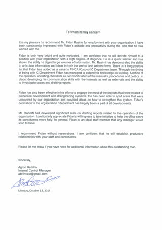 Finca Kosovo - The recommendation Letter  from ICM