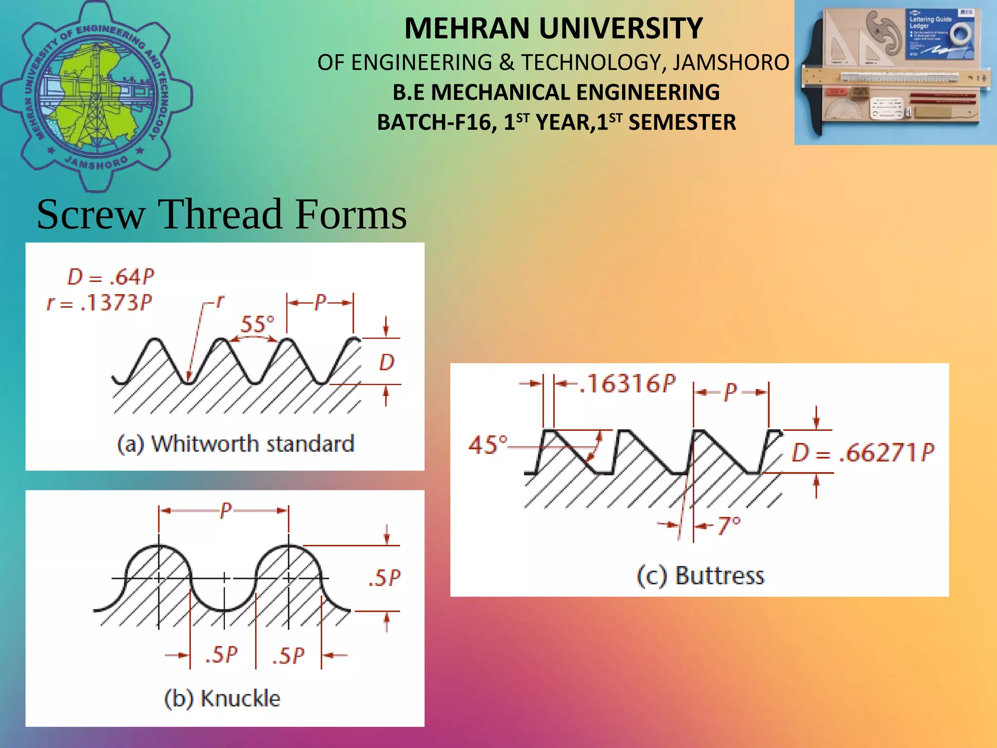 MEHRAN UNIVERSITY
OF ENGINEERING & TECHNOLOGY, JAMSHORO
B.E MECHANICAL ENGINEERING
BATCH-F16, 1ST
YEAR,1ST
SEMESTER
Screw Thread Forms
 