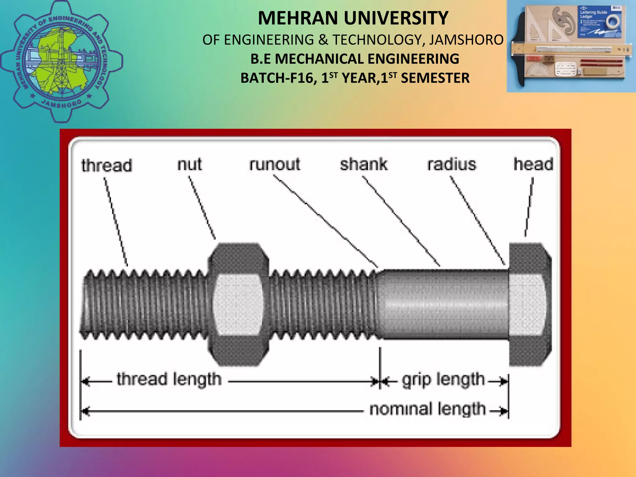 MEHRAN UNIVERSITY
OF ENGINEERING & TECHNOLOGY, JAMSHORO
B.E MECHANICAL ENGINEERING
BATCH-F16, 1ST
YEAR,1ST
SEMESTER
 