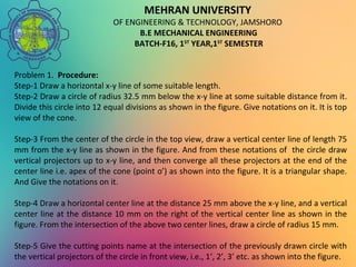 MEHRAN UNIVERSITY
OF ENGINEERING & TECHNOLOGY, JAMSHORO
B.E MECHANICAL ENGINEERING
BATCH-F16, 1ST
YEAR,1ST
SEMESTER
Problem 1. Procedure:
Step-1 Draw a horizontal x-y line of some suitable length.
Step-2 Draw a circle of radius 32.5 mm below the x-y line at some suitable distance from it.
Divide this circle into 12 equal divisions as shown in the figure. Give notations on it. It is top
view of the cone.
Step-3 From the center of the circle in the top view, draw a vertical center line of length 75
mm from the x-y line as shown in the figure. And from these notations of the circle draw
vertical projectors up to x-y line, and then converge all these projectors at the end of the
center line i.e. apex of the cone (point o’) as shown into the figure. It is a triangular shape.
And Give the notations on it.
Step-4 Draw a horizontal center line at the distance 25 mm above the x-y line, and a vertical
center line at the distance 10 mm on the right of the vertical center line as shown in the
figure. From the intersection of the above two center lines, draw a circle of radius 15 mm.
Step-5 Give the cutting points name at the intersection of the previously drawn circle with
the vertical projectors of the circle in front view, i.e., 1’, 2’, 3’ etc. as shown into the figure.
 