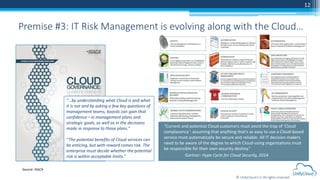© UnifyCloud LLC All rights reserved
12
Premise #3: IT Risk Management is evolving along with the Cloud…
“…by understanding what Cloud is and what
it is not and by asking a few key questions of
management teams, boards can gain that
confidence—in management plans and
strategic goals, as well as in the decisions
made in response to those plans.”
“The potential benefits of Cloud services can
be enticing, but with reward comes risk. The
enterprise must decide whether the potential
risk is within acceptable limits.”
Source: ISACA
Source: Cloud Security Alliance: SecaaS Model
“Current and potential Cloud customers must avoid the trap of ‘Cloud
complacency’: assuming that anything that's as easy to use a Cloud-based
service must automatically be secure and reliable. All IT decision makers
need to be aware of the degree to which Cloud-using organizations must
be responsible for their own security destiny.”
Gartner: Hype Cycle for Cloud Security, 2014
 