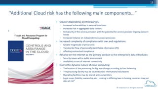 © UnifyCloud LLC All rights reserved
13
• Greater dependency on third parties:
▫ Increased vulnerabilities in external interfaces
▫ Increased risk in aggregated data centers
▫ Immaturity of the service providers with the potential for service provider ongoing concern
issues
▫ Increased reliance on independent assurance processes
• Increased complexity of compliance with laws and regulations:
▫ Greater magnitude of privacy risk
▫ Transborder flow of personally identifiable information (PII)
▫ Affecting contractual compliance
• Reliance on the Internet as the primary conduit to the enterprise’s data introduces:
▫ Security issues with a public environment
▫ Availability issues of Internet connectivity
• Due to the dynamic nature of cloud computing:
▫ The location of the processing facility may change according to load balancing
▫ The processing facility may be located across international boundaries
▫ Operating facilities may be shared with competitors
▫ Legal issues (liability, ownership, etc.) relating to differing laws in hosting countries may put
data at risk”
“Additional Cloud risk has the following main components…”
 