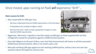 © UnifyCloud LLC All rights reserved
Once moved, apps running on PaaS will experience “drift”…
Main reasons for Drift:
• Devs responsible for LOB apps may:
▫ Not have understood fully the S/IAM requirements in the first place,
▫ Find guidance too complex to digest, and/or
▫ Not have the time / skills to make appropriate changes to meet
baseline S/IAM requirements;
• Aggressive, VM-centric, migrations may have swept up LOB apps on those targeted VMs not fully
configured or tested for compliance against a S/IAM controls baseline;
• Even with diligence on the part of Devs, over time PaaS environments will evolve as will the associated
S/IAM Cloud controls baseline, often in six-month cycles; and
• Manually certifying LOB apps against an ever-evolving S/IAM baseline, will be a time sink and raise
questions about thoroughness and accuracy.
 