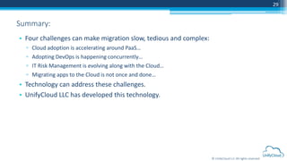 © UnifyCloud LLC All rights reserved
29
Summary:
• Four challenges can make migration slow, tedious and complex:
▫ Cloud adoption is accelerating around PaaS…
▫ Adopting DevOps is happening concurrently…
▫ IT Risk Management is evolving along with the Cloud…
▫ Migrating apps to the Cloud is not once and done…
• Technology can address these challenges.
• UnifyCloud LLC has developed this technology.
 