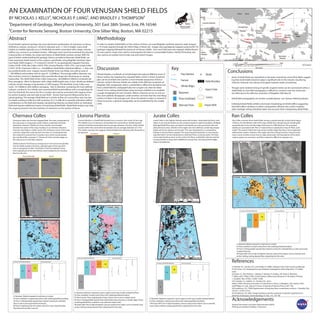 AN EXAMINATION OF FOUR VENUSIAN SHIELD FIELDS
BY NICHOLAS J. KELLY1, NICHOLAS P. LANG1, AND BRADLEY J. THOMPSON2
1Department of Geology, Mercyhurst University, 501 East 38th Street, Erie, PA 16546
2Center for Remote Sensing, Boston University, One Silber Way, Boston, MA 02215
Chernava
Colles
Jarate
Colles
Llorona
Planitia
Ran
Colles
([2] Guest)
Flow Direction
Fracture
Wrinkle Ridges
Radar Boundary
Impact Crater
Corona
Key
+ Shield
Basement
Flows Undivided
Alternate Flows Impact Melt
Shields
Wrinkle Ridges
Shields
Wrinkle Ridges
Fractures
20km
20km
Llorona Planitia
Llorona Planitia is a shield field located near a corona in the center of the map.
The shields occur on fractures, and predate the corona flows. Shields located
outside of the flow boundaries had an average diameter of 6.2km, while shields
located within the corona flow boundaries had an average diameter of 3.1km.
The smaller average size suggests shield embayment, allowing only the peaks to
be exposed. Unembayed Embayed
Wrinkle Ridges
Shields Shields
Fractures
Fractures
45km 45km
5.0 S
0.0 N
5.0 N
5.0 S
0.0 N
5.0 N
158.0 E 167.0 E 176.0 E
158.0 E 167.0 E 176.0 E
Ran Colles
29.9 W
29.9 W
25.0 W
25.0 W
15.0 S
10.0 S
5.0 S
15.0 S
10.0 S
5.0 S
20.5 W
20.5 W
148.0 E 156.0 E 165.0 E
48.0 N
55.0 N
62.0 N
62.0 N
55.0 N
48.0 N
148.0 E 156.0 E 165.0 E
2.0 N
17.0 N
32.0 N
2.0 N
17.0 N
32.0 N
142.0 E 152.0 E 162.0 E
142.0 E 152.0 E 162.0 E
Chernava Colles
Chernava Colles was the first mapped field. The least complicated of
the map areas is composed mostly of flows undivided with little
basement exposure. Shields are more heavily concentrated
towards the center of the map, trending in a northwest direction.
Fractures also follow a similar trend. The northeast corner of the map
contains a large flow entering from the west. It is interpreted that
this material is sourced from a nearby mons which would explain
the vast flood like coverage [1]. Almost all of the wrinkle ridges on
the map occur on this flow material.
Shields located in Flow B have an average size of 4.1km and are less plentiful
than the shields located in the Flows undivided region of the map which
have an averagesize of 4.8km. The shields in Flow B are believed to have
been originally part of the main field but where embayed by the intruding
flow from the west.
Flow BFlows Undivided
Shields
60km
Shields
Fractures
Wrinkle Ridges
60km
Jurate Colles
Coronae and Planitia Materials
Abstract
Small shields represent perhaps the most dominant manifestation of volcanism on Venus.
Defined as volcanic constructs <20 km in diameter and <<1 km in height, many small
shields (or shields) typically occur in fields that are either associated with a larger volcanic
edifice (e.g. corona) or as isolated clusters. Although much work has examined the physical
characteristics of shields, the origin and history of shield fields remains unclear. With the
goal of better understanding the geologic history recorded at Venusian shield fields, we
have examined shield clusters in four regions; specifically, using Magellan Synthetic Aper-
ture Radar (SAR) imagery (~75 m/pixel) in ArcGIS 10, we geologically mapped Chernava
Colles (24°W, 10°N), Ran Colles (162°E, 0°N), Llorona Planitia (146°E, 4°N ), and Jurate Colles
(156°E, 55°N). Chernava Colles is a ~164,000km2 shield field; individual edifices ~1-2km and
are predominantly cone- shaped. Llorona Planitia hosts two fields, one with an area of
~185,000km2 and another with an area of ~22,000km2. The average edifice diameter was
4km and the construct’s displayed a flat, pancake like shape also showing up as varying
backscatter. The shield field at Ran Colles measuring ~643,000km2 200km2 contained edi-
fices averaging ~6km2 in diameter with a high width:height ratio; in fact, shields are defined
only by circular changes in backscatter in SAR imagery. The final field, Jurate Colles mea-
sures ~617,000km2 with edifices averaging ~3km in diameter containing the most defined
volcanic constructs. As a whole, each examined field hosted edifices with a morphology dis-
tinct for that field; the reason for this is unclear, but may be associated with magma viscos-
ity and/or eruption rate and style at each field – factors that may be influenced by the re-
gional geology. The average shield field are is similar to that of a corona flow area, but due
to shields residing at effective SAR resolution [5], it is difficult to quantify individual edifices’
contributions to the field and impedes deciphering histories recorded within an individual
field and requires additional means of examining shield fields. Shield field analysis may help
the ongoing research into the evolution of volcanism on the surface of Venus.
Methodology
In order to analyze shield fields on the surface of Venus, we used Magellan synthetic aperture radar imagery
(~75 m/pxl) aquired through the USGS’s Map-a-Planet site. Images were geologicaly mapped using ArcGIS 10;
geologic mapping followed the protocols of Hansen (2000). Once each field area was mapped, Adobe Illustra-
tor was used to create strat columns and organize the data in a presentable fashion. Adobe Photoshop was
also used as an auxilary tool to help crop and stretch images.
Discussion
Shields display a multitude of morphologies throughout different areas of
Venus’surface. By mapping four separate fields, trends in these morpholo-
gies can be recorded and used for a much broader perpective of Venus’
volcanic surface. Because shields are visable at the effective resolution of
Magellan SAR, stratigraphy within a shield field is difficult to dechipher but
how a shield field fits stratigraphically into a region can often be deter-
mined. Cross cutting relationships using stuctures enabled us to establish
a rough stratigraphy for each location. Where a fracture occurs on one sur-
face and suddenly dissappears under another, we know that the overriding
surface (or flow) is the younger unit. Since the planet’s surface is covered in
these structures, a general stratigraphy can be established for the visable
units.
Structural Events
Fractures
?
?
?
?
Wrinkleridges
Shields
?
?
b- Basement. Bedrock exposed in small areas on surface
fu-Flows undivided. Lumped surface flows with undistingushable boundaries.
fA-Flow A. Distinguishable separate flow material covering the undivided
flows as well as previously emplaced fractures.
fB-Flow B. Originating from the western side of the map, a large flood like
flow believed to be Mon’s sourced.
b
fU fB
fA
Coronae and Planitia Materials Structural Events
Fractures
?
?
?
?
Wrinkleridges
Shields
?
?
b
fU
iM
?
?
ImpactCrater
b- Basement. Bedrock is exposed in various regions on the map. Ususally embayed by flows.
fu-Flows undivided. Lumped surface flows with undistingushable boundaries.
f. IM-Impact Melt. Due to high atmospheric pressure, impacts from objects such as asteriods
cause surface melting creating separate flows originating from the crater.
Coronae and Planitia Materials Structural Events
Fractures
?
?
?
?
Wrinkleridges
Shields
?
?
b
fU fC
iM
?
?
ImpactCrater
fA
b- Basement. Bedrock is exposed in various regions on the map. Usually embayed by flows.
fu-Flows undivided. Lumped surface flows with undistingushable boundaries.
fC-Flow (Corona). Flows originating from large volcanic vent in one or multiple events.
fA-Flow A. Distinguishable separate flow material featuring no fractures or wrinkle ridges.Young-
est distinguishable flow material on map aside from impact melts.
IM-Impact Melt. Due to high atmospheric pressure, impacts from objects such as asteroids cause
surface melting creating separate flows originating from the crater.
Coronae and Planitia Materials Structural Events
Fractures
?
?
?
?
Wrinkleridges
Shields
?
?
b
fU
iM
?
?
ImpactCrater
fA
Ran Colles contains three shield fields among a predominantly contractional region
of Venus. On the Western half of the map, shields form along fractures trending NE
perpendicular to the wrinkle ridges that trend in a NW direction. The youngest
shields are associated with“flow a”material that is emplaced on top of“flows undi-
vided”. The eastern half of the map shows wrinkle ridges forming a more organized
deformation system. Shields in this region also form along fractures, however they
have a more northern trend. Due to radar backscatter, the boundaries of the defor-
mation system are uncertain, and flow material is difficult to separate out.
b- Basement. Bedrock exposed in small areas on surface.
fu-Flows undivided. Lumped surface flows with undistingushable boundaries.
fA-Flow A. Distinguishable separate flow material covering the undivided flows as well as previously
emplaced fractures.
IM-Impact Melt. Due to high atmospheric pressure, impacts from objects such as asteroids cause
surface melting creating separate flows originating from the crater.
References
[1] Bender, K.C., Senske, D.A., and Geeley, R. (2000), Geologic map of the Carson quadrangle
(V-43), Venus: U.S. Geological Survey Geologic Investigations Series Map 2620. 1:5 million
scale.
[2] Guest, J.E., M.H. Bulmer, J. Aubele, K. Beratan, R. Greeley, J.W. Head, G. Michaels,
C. Weitz, and C. Wiles (1992), Small volcanic edifices and volcanism in the plains of Venus,
J. Geophys. Res., 97(E8), 15,949-15,966.
[3] Crumpler, L.S., Aubele, J.C., Senske, D.A., and 3
others (1997), Volcanos and centers of volcanism on Venus, in Bougher, S.W., Hunten, D.M.,
and Phillips, R.J., eds., Venus II: Tucson, University of Arizona Press, p. 697-756.
[4] Zimbelman, J.R. (1998) Emplacement of long lava flows on planetary surfaces, J. Geophys. Res.
103, B11, 27503-27516.
[5] Zimbelman, J.R. (2001) Image resolution and the evaluation of genetic hypotheses for
planetary landscapes, Geomorphology 37, Nos. 3-4, 179-199.
Conclusions
ing that small shield volcanism plays a significant role in the volcanic resurfacing
of Venus. However, the volume of erupted material needs constraining
shield field, an intra-field stratigraphy is difficult to construct over the entire area
of a field due to the effective resolution of Magellan SAR data [4]
that field reflect variations in either composition, effusion rate, and/or eruption
style. Geologic setting should be taken into account when interpreting shield fields
Jurate Colles is the highest latitude observed location. Dominated by flows undi-
vided, It can only be broken up into sections based on radar boundaries. Multiple
distinguishable flow areas are absent and shields are only associated with and
along fracture zones. Shields in this region are more defined, containing steeper
slopes and more obvious summit pits. This was interpreted as a composition
change in the lava flows erupted. The reasoning that basement is more heavily
exposed which can be interpreted as shallower flows covering Jurate. The base-
ment material being closer to the surface the flows undivided material could be
causing shields to erupt with a different viscosity flow, increasing their height,
slope and definition.
Acknowledgements
National Aeronautics and Space Administration (NASA)
PDAP grant awarded to Bradley J. Thompson
 