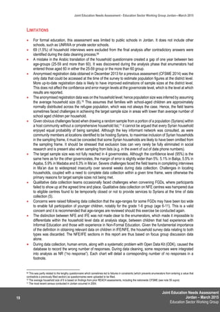 Joint Education Needs Assessment
Jordan – March 2015
Education Sector Working Group
Joint Education Needs Assessment - Education Sector Working Group Jordan—March 2015
19
LIMITATIONS
 For formal education, this assessment was limited to public schools in Jordan. It does not include other
schools, such as UNRWA or private sector schools.
 69 (1.5%) of household interviews were excluded from the final analysis after contradictory answers were
identified during the data cleaning process.69
 A mistake in the Arabic translation of the household questionnaire created a gap of one year between two
age-groups (25-59 and more than 60). It was discovered during the analysis phase that enumerators had
entered those aged 60 in either the 25-59 group or the more than 60 group.
 Anonymised registration data obtained in December 2013 for a previous assessment (CFSME 2014) was the
only data that could be accessed at the time of the survey to estimate population figures at the district level.
More up-to-date registration data is likely to have improved estimations of sample sizes at the district level.
This does not affect the confidence and error margin levels at the governorate level, which is the level at which
results are reported.
 The anonymised registration data was on the household level; hence population size was inferred by assuming
the average household size (6).70 This assumes that families with school-aged children are approximately
normally distributed across the refugee population, which was not always the case. Hence, the field teams
sometimes faced challenges in achieving the target sample size in areas with lower than average number of
school aged children per household.
 Given obvious challenges faced when drawing a random sample from a portion of a population (Syrians) within
a host community without a comprehensive household list,71 it cannot be argued that every Syrian household
enjoyed equal probability of being sampled. Although the key informant network was consulted, as were
community members at locations identified to be hosting Syrians, to maximise inclusion of Syrian households
in the sampling frame, it must be conceded that some Syrian households are likely to have been omitted from
the sampling frame. It should be stressed that exclusion bias can very rarely be fully eliminated in social
research and is present also when sampling from lists (e.g. in the event of out of date phone numbers).
 The target sample size was not fully reached in 4 governorates. Although the confidence level (95%) is the
same here as for the other governorates, the margin of error is slightly wider than 5%: 5.1% in Balqa, 5.5% in
Aqaba, 5.9% in Madaba and 6.3% in Ma’an. Severe challenges faced the field teams in completing interviews
in Ma’an due to widespread insecurity over several weeks during data collection. Challenges in locating
households, coupled with a need to complete data collection within a given time frame, were otherwise the
primary reasons for target sample sizes not being met.
 Qualitative data collection teams occasionally faced challenges when convening FGDs, where participants
failed to show up at the agreed time and place. Qualitative data collection on NFE centres was hampered due
to eligible centres found to be temporarily closed or not to provide services to Syrians at the time of data
collection (5).
 Concerns were raised following data collection that the age-ranges for some FGDs may have been too wide
to enable full participation of younger children, notably for the grade 1-6 group (age 6-11). This is a valid
concern and it is recommended that age-ranges are reviewed should this exercise be conducted again.
 The distinction between NFE and IFE was not made clear to the enumerators, which made it impossible to
differentiate within the household level data at analysis stage, between children that had experience with
Informal Education and those with experience in Non-Formal Education. Given the fundamental importance
of the definition in obtaining relevant data on children in IFE/NFE, the household survey data relating to both
types was discarded. The NFE/IFE sections in this report are thus based on focus group discussion data
alone.
 During data collection, human errors, along with a systematic problem with Open Data Kit (ODK), caused the
database to record the wrong number of responses. During data cleaning, some responses were integrated
into analysis as NR (“no response”). Each chart will detail a corresponding number of no responses in a
footnote.
69 This was partly related to the lengthy questionnaire which sometimes led to failures in constraints (which prevents enumerators from entering a value that
contradicts a previously filled section) as questionnaires were uploaded to be filled.
70 The average household size of 6 is based on findings from prior REACH assessments, including the nationwide CFSME (see note 59 supra)
71 The most recent census conducted in Jordan occurred in 2004.
 