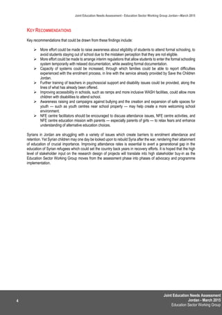 Joint Education Needs Assessment
Jordan - March 2015
Education Sector Working Group
Joint Education Needs Assessment - Education Sector Working Group Jordan—March 2015
4
KEY RECOMMENDATIONS
Key recommendations that could be drawn from these findings include:
 More effort could be made to raise awareness about eligibility of students to attend formal schooling, to
avoid students staying out of school due to the mistaken perception that they are not eligible.
 More effort could be made to arrange interim regulations that allow students to enter the formal schooling
system temporarily with relaxed documentation, while awaiting formal documentation.
 Capacity of systems could be increased, through which families could be able to report difficulties
experienced with the enrolment process, in line with the service already provided by Save the Children
Jordan.
 Further training of teachers in psychosocial support and disability issues could be provided, along the
lines of what has already been offered.
 Improving accessibility in schools, such as ramps and more inclusive WASH facilities, could allow more
children with disabilities to attend school.
 Awareness raising and campaigns against bullying and the creation and expansion of safe spaces for
youth — such as youth centres near school property — may help create a more welcoming school
environment.
 NFE centre facilitators should be encouraged to discuss attendance issues, NFE centre activities, and
NFE centre education mission with parents — especially parents of girls — to relax fears and enhance
understanding of alternative education choices.
Syrians in Jordan are struggling with a variety of issues which create barriers to enrolment attendance and
retention. Yet Syrian children may one day be looked upon to rebuild Syria after the war, rendering their attainment
of education of crucial importance. Improving attendance rates is essential to avert a generational gap in the
education of Syrian refugees which could set the country back years in recovery efforts. It is hoped that the high
level of stakeholder input on the research design of projects will translate into high stakeholder buy-in as the
Education Sector Working Group moves from the assessment phase into phases of advocacy and programme
implementation.
 