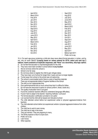 Joint Education Needs Assessment
Jordan - March 2015
Education Sector Working Group
Joint Education Needs Assessment - Education Sector Working Group Jordan—March 2015
70
 April 2014
 March 2014
 Feb 2014
 Jan 2014
 Dec 2013
 Nov 2013
 Oct 2013
 Sept 2013
 Aug 2013
 July 2013
 June 2013
 May 2013
 April 2013
 March 2013
 Feb 2013
 Jan 2013
 Dec 2012
 Nov 2012
 Oct 2012
 Sept 2012
 Aug 2012
 July 2012
 June 2012
 May 2012
 April 2012
 March 2012
 Feb 2012
 Jan 2012
 Dec 2011
 Nov 2011
 Oct 2011
 Sept 2011
 Aug 2011
 July 2011
 June 2011
 May 2011
 April 2011
 Before April 2011
 Prefer not to say
19. d. For each age group containing a child who does never attend formal education in Jordan, and by
sex, why do never attend? (Looping based on values entered for Q17b; select and rank top 3
options; insert constraint on duplicate responses; add “None” as a secondary, skip logic option)
a) Do not feel that education is important/applicable for the child
b) They have never been enrolled in school before in any location
c) We do not know where the school is
d) School is too far away
e) Do not know where to register the child to gain refugee status
f) They have been out of school for longer than 2 years and are no longer eligible
g) Turned away from school or the school was not welcoming
h) The school is overcrowded and/or there is a lack of teaching materials
i) There are not appropriate toilets of hygiene facilities at the school
j) The shift is at an inappropriate time
k) Poor performance/has lost so much school time that it is difficult to follow
l) Do not have the resources to spend on school (uniform, shoes, books etc.)
m) The quality of education here is not good
n) Found the Jordanian teachers difficult to understand (language difficulties).
o) Found it hard to adapt to the teacher / teaching methods / curriculum
p) The formal education certification provided is not useful
q) I am worried that the child will be teased and ridiculed at school
r) The child attended school before but experienced verbal or physical aggression/violence from
teachers
s) The child attended school before but experienced verbal or physical aggression/violence from other
children
t) The child has to work to earn money
u) The child has to help in the home
v) They got married / They are preparing to marry.
w) The family expects to return to Syria soon.
x) Prefer not to say
y) I don’t know
z) Other (specify)
 