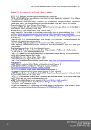 Joint Education Needs Assessment
Jordan - March 2015
Education Sector Working Group
Joint Education Needs Assessment - Education Sector Working Group Jordan—March 2015
85
ANNEX VII: SECONDARY DATA REVIEW – BIBLIOGRAPHY
ACTED (2013), Shelter and winterization assessment in the Northern governorates
ACTED and AMEU (2013), Food Security Situation and Livelihood Intervention Opportunities for Supporting Syrian Refugees
and host Communities in North Jordan
Child Protection and Gender Based Violence sub-working Group in Jordan (2013), Interagency/UN Women Assessment of
Gender-Based Violence and Child Protection among urban Syrian refugees in Jordan, with a focus on early marriage
Creative Associates (2011), Jordan Education Reform Support
Interagency (ACTED, JEN, Oxfam, Relief International) (2013), Interagency Knowledge, Attitudes and Practices Study of
Syrian Refugees in Host Communities in North Jordan
IRD/UNHCR (2013), Syrian Refugees Living Outside Camps in Jordan
Jordan Times (2013), ‘Rising number of working Syrian children hinders efforts to combat child labour’, June, 11, 2013,
available at: http://jordantimes.com/rising-number-of-working-syrian-children-hinders-efforts-to-combat-child-labour
Krejcie and Morgan (1970) “Determining Sample Size for Research Activities” (Educational and Psychological Measurement,
30, pp. 607-610)
Oxfam GB Jordan (2013), Integrated Assessment of Syrian Refugees in Host Communities - Emergency food security and
livelihoods; water, sanitation and hygiene; protection
Mercy Corps (2013), Mapping of Host Community-Refugee tensions in Mafraq and Ramtha, Jordan
Ministry of Planning and International Cooperation, Jordan (2013), Needs Assessment Review of the Impact of the Syrian
Crisis on Jordan
Syria Needs Assessment Project (2014), Jordan Baseline Information
Un Point Per (2012), Comprehensive Assessment on Syrian Refugees Residing in the Community in Northern Jordan,
UNESCO (2014), EFA Global Monitoring Report. Rep. Paris.
UNHCR (2013), Needs, Gaps and Targets-Presentation at the Regional Response plan workshop 2013-provisional results
UNHCR (2013), Regional Response Plan 5 - Jordan
UNHCR (2013), The Future of Syria: Refugee Children in Crisis
UNHCR (2014), 2014 Syria Regional Response Plan - Jordan
UNHCR (2014), Syria Regional Response Plan 6 – Jordan, available at: http://www.unhcr.org/syriarrp6/docs/syria-rrp6-jordan-
response-plan.pdf
UNICEF (2007), Promoting the Rights of Children with Disabilities, Innocenti Digest no. 13
UNICEF (2010), Rapid Assessment Sampling in Emergency Situation, , available at:
http://www.unicef.org/eapro/Rapid_assessment_sampling_booklet.pdf
UNICEF (2011), Guidelines for Child Friendly Spaces in Emergencies, available at:
http://www.unicef.org/protection/Child_Friendly_Spaces_Guidelines_for_Field_Testing.pdf
UNICEF Education Section & Save the Children Jordan (2013), Comprehensive Outreach Assessment on Education Needs
of Syrians in Ghor and Irbid (18 Feb – 20 Mar 2013)
UNICEF (2013), Syrian Refugee Children in Jordan: Assessments Desk Review. Rep. Amman: UNICEF Jordan Country Office
UNICEF (2014), Syria crisis monthly humanitarian situation report
UNICEF, Multiple Indicator Cluster Surveys, accessible at http://www.childinfo.org/mics3_manual.html
USAID (2011), Kindergartens’ Policies Review Report in the Ministry of Education in Jordan
USAID (2011), Jordan Fiscal Reform Project
WFP and REACH Initiative (2014), Comprehensive Food Security Monitoring Exercise (CFSME), Syrian Refugees in Jordan,
available at: http://reliefweb.int/sites/reliefweb.int/files/resources/WFPCFSMEJuly2014_0.pdf
 
