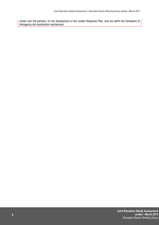 Joint Education Needs Assessment
Jordan - March 2015
Education Sector Working Group
Joint Education Needs Assessment - Education Sector Working Group Jordan—March 2015
9
Jordan and UN partners, for the development of the Jordan Response Plan, and are within the framework of
interagency aid coordination mechanisms.
 