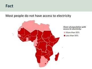 Fact
7
< Fuelwood
Charcoal >
Most people do not have access to electricity
 