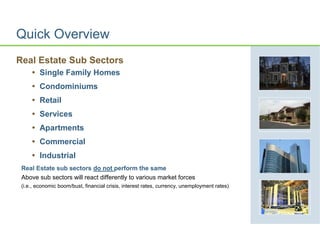 Quick Overview
Real Estate Sub Sectors
 Single Family Homes
 Condominiums
 Retail
 Services
 Apartments
 Commercial
 Industrial
Real Estate sub sectors do not perform the same
Above sub sectors will react differently to various market forces
(i.e., economic boom/bust, financial crisis, interest rates, currency, unemployment rates)
 