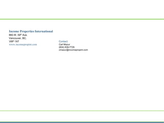 Income Properties International
860 W. 59th
Ave.
Vancouver, BC.
V6P 1X7
www.incomepropint.com
Contact:
Carl Mazur
(604) 839-7729
cmazur@incomepropint.com
 