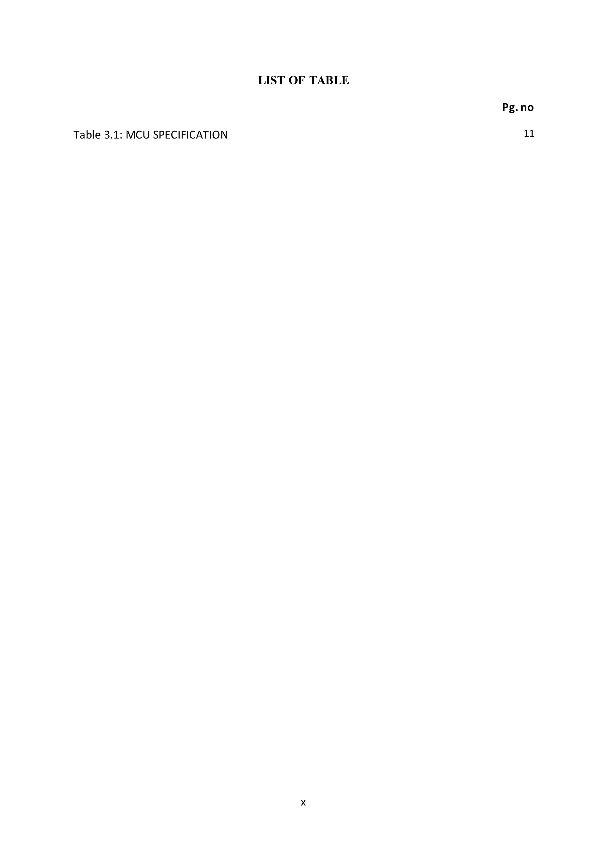 x
LIST OF TABLE
Pg. no
Table 3.1: MCU SPECIFICATION 11
 