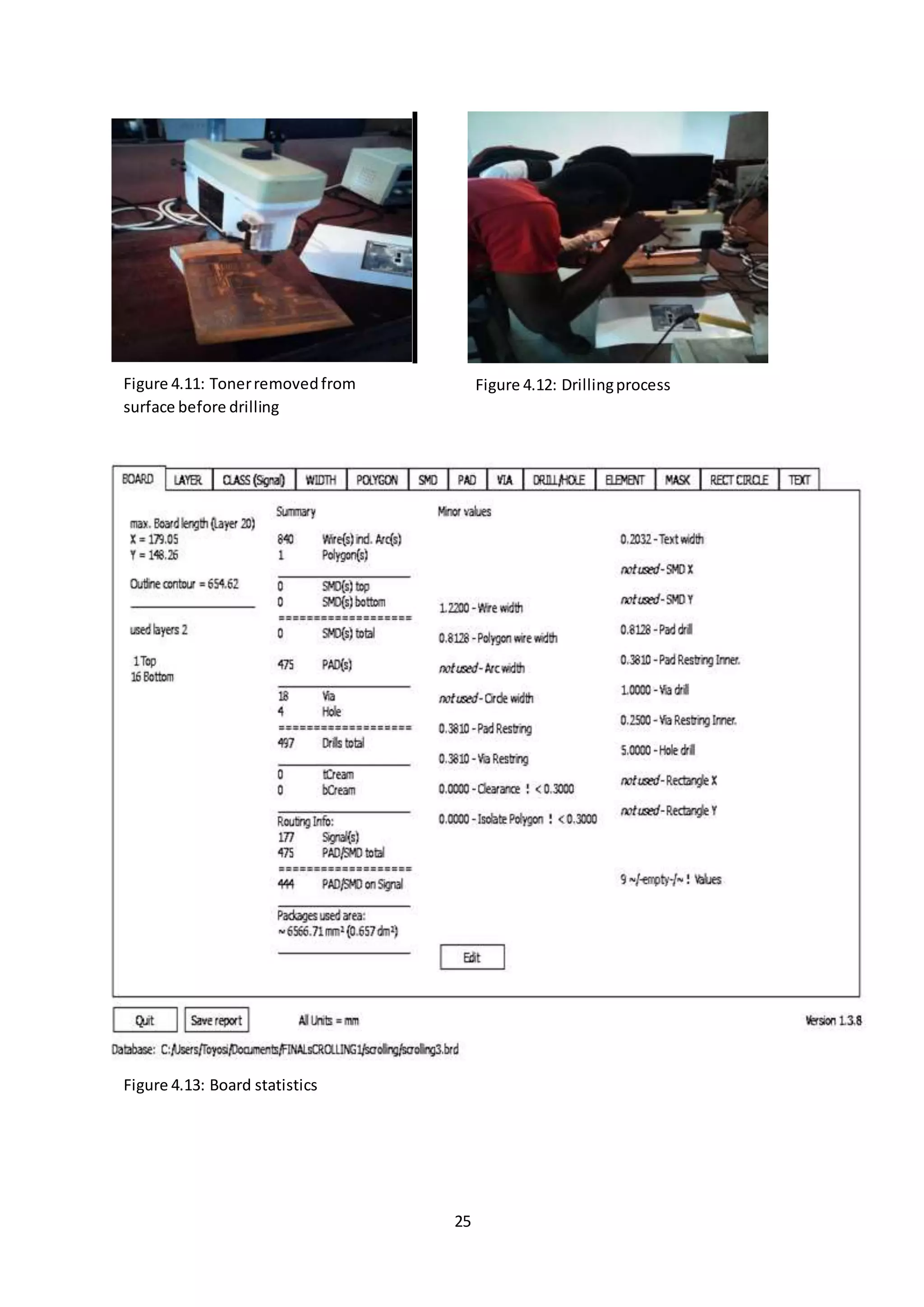 25
Figure 4.11: Tonerremovedfrom
surface before drilling
Figure 4.12: Drillingprocess
Figure 4.13: Board statistics
 