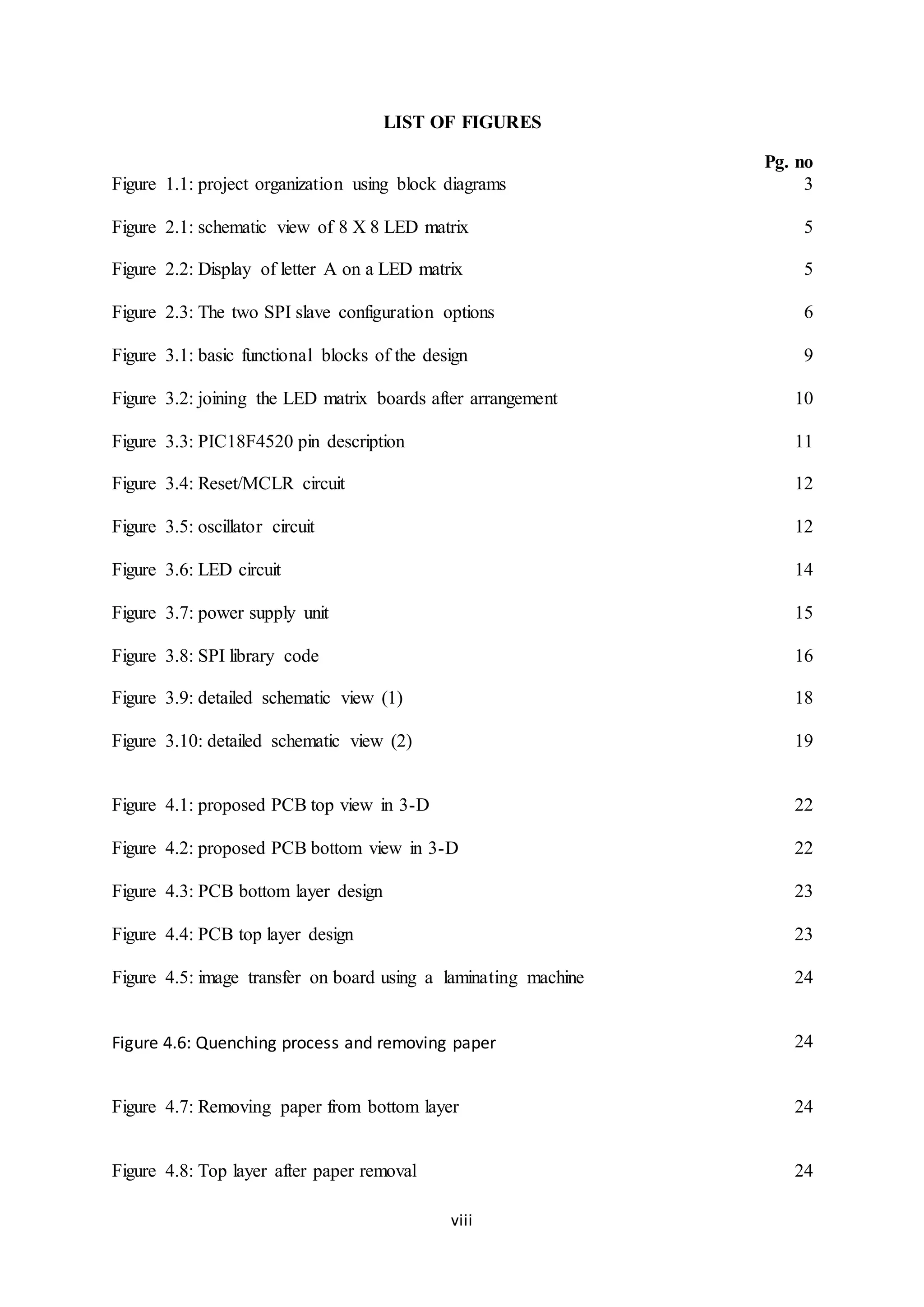 viii
LIST OF FIGURES
Pg. no
Figure 1.1: project organization using block diagrams 3
Figure 2.1: schematic view of 8 X 8 LED matrix 5
Figure 2.2: Display of letter A on a LED matrix 5
Figure 2.3: The two SPI slave configuration options 6
Figure 3.1: basic functional blocks of the design 9
Figure 3.2: joining the LED matrix boards after arrangement 10
Figure 3.3: PIC18F4520 pin description 11
Figure 3.4: Reset/MCLR circuit 12
Figure 3.5: oscillator circuit 12
Figure 3.6: LED circuit 14
Figure 3.7: power supply unit 15
Figure 3.8: SPI library code 16
Figure 3.9: detailed schematic view (1)
Figure 3.10: detailed schematic view (2)
18
19
Figure 4.1: proposed PCB top view in 3-D 22
Figure 4.2: proposed PCB bottom view in 3-D
Figure 4.3: PCB bottom layer design
Figure 4.4: PCB top layer design
Figure 4.5: image transfer on board using a laminating machine
Figure 4.6: Quenching process and removing paper
22
23
23
24
24
Figure 4.7: Removing paper from bottom layer 24
Figure 4.8: Top layer after paper removal 24
 