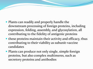  Plants can readily and properly handle the
downstream processing of foreign proteins, including
expression, folding, assembly, and glycosylation, all
contributing to the fidelity of antigenic proteins
 these proteins maintain their activity and efficacy, thus
contributing to their viability as subunit-vaccine
candidates
 Plants can produce not only single, simple foreign
proteins, but also complex multimeres, such as
secretory proteins and antibodies
 