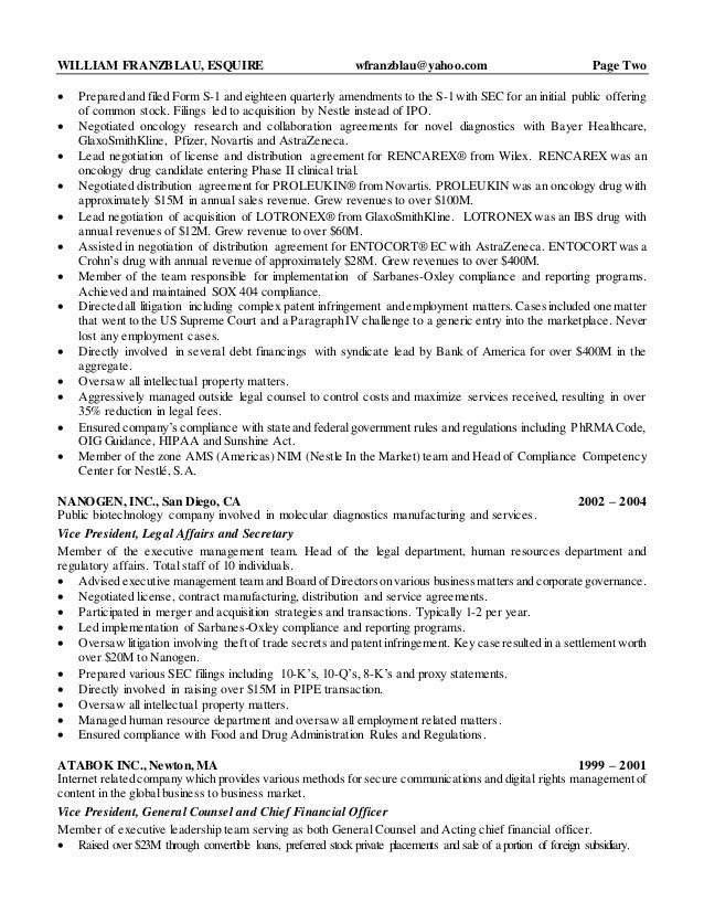 william franzblau esquire senior counsel resume 2015