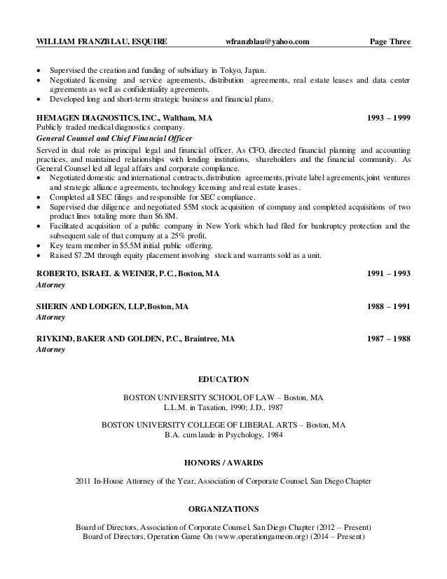 william franzblau esquire senior counsel resume 2015 corporate counsel resumes