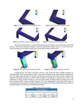 7
Figure 4: Von Mises Stresses Holding the Frame Figure 5: Shear Stresses Holding the Frame
Figure 6: Von Mises Stresses Holding One Leg Figure 7: Shear Stresses Holding One Leg
The last simulation mimics a human being pushing near the bottom of one of the legs with 30 lbf
of force. The stresses exhibited in figures 8 and 9 are among the weakest and are 11.6 psi and 6.5 psi.
These maximums occur along the edge where the leg and the square frame meets.
Figure 8: Von Mises Stresses Pushing with 30lbs Figure 9: Shear Stresses Pushing with 30lbs
Comparing the Von Mises and shear stresses to the yield and shear strength properties of
aluminum 6063, which are specified in Table 1, all stresses fall below these critical values except the first
test. The design team felt like this situation was the most uncommon and if these stresses needed to be
addressed that additional braces or bolts could be added to the design to alleviate them. Due to the
importance of being weather resistant, as well as having square 90 degree bends, the design team still
chose aluminum 6063. Lastly, a height clearance of 6” was implemented in the design of the frame to
accommodate for the height of the linear actuator and heating coil housing, while retaining the ability to
adjust the height of the heating coil beneath the prototype.
Table 1: Material Properties [4]
Ultimate Tensile Strength
(psi)
Yield Strength
(psi)
Shear Strength
(psi)
27,000 21,000 17,000
Aluminum 6063-T5
 