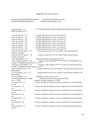 35
Figure 38: Final Arduino Program
#include "DualVNH5019MotorShield.h" //Include Motor Shield Functions
DualVNH5019MotorShield md; //Declare Motor Shield as md
int platecount = 10; //*****ENTER HERE THE NUMBER OF PLATES YOU WOULD
LIKE TO WELD*****
const int sensor1 = 22; //Assign induction prox sensor #1 to port 22
const int sensor2 = 23; //Assign induction prox sensor #2 to port 23
const int sensor3 = 24; //Assign induction prox sensor #3 to port 24
const int sensor4 = 25; //Assign induction prox sensor #4 to port 25
const int sensor5 = 26; //Assign induction prox sensor #5 to port 26
const int sensor6 = 27; //Assign induction prox sensor #6 to port 27
const int sensor7 = 28; //Assign induction prox sensor #7 to port 28
const int sensor8 = 29; //Assign induction prox sensor #8 to port 29
const int relay32_linear = 32; //Assign arduino pin 32 to be used for relay input for linear
actuator movement
const int relay33_linear = 33; //Assign arduino pin 33 to be used for relay input for linear
actuator movement
const int pingPin = 34; //Assign ultrasonic ping sensor to port 34
const int encoder0PinA = 38; //Assign encoder signal B******* to port 38--NOTE Signal A is
actually 39 though the label remains as is***
const int encoder0PinB = 39; //Assign encoder signal A******* to port 39--NOTE Signal B is
actually 38 though the label remains as is***
const int relay50_coil = 52; //Assign arduino pin 52 to be used for relay input for induction coil
functionality
const int relay51_coil = 53; //Assign arduino pin 53 to be used for relay input for induction coil
functionality
int encoder0Pos = 0; //Initialize encoder position to 0
int encoder0PinALast = LOW; //Initialize encoder initial position to LOW
int n = LOW; //Initialize encoder variable n as LOW
int sensors123 = 0; //Create variable for induction sensor combination 123 and initialize
as zero
int sensors23 = 0; //Create variable for induction sensor combination 23 and initialize as
zero
int sensors234 = 0; //Create variable for induction sensor combination 234 and initialize
as zero
int sensors34 = 0; //Create variable for induction sensor combination 34 and initialize as
zero
int sensors345 = 0; //Create variable for induction sensor combination 345 and initialize
as zero
int sensors45 = 0; //Create variable for induction sensor combination 45 and initialize as
zero
int sensors456 = 0; //Create variable for induction sensor combination 456 and initialize
as zero
 