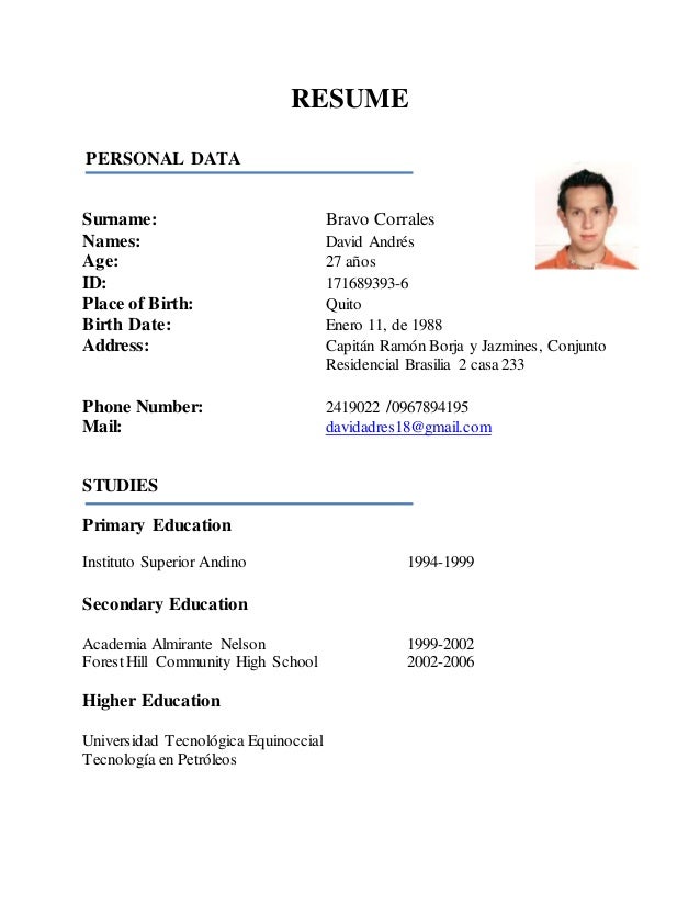 resume sample of personal information in resume