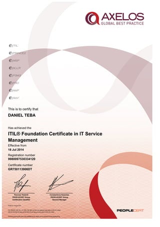 This is to certify that
Printed on 4 August 2014
Has achieved the
Effective from
18 Jul 2014
Registration number
Certificate number
GR750113906DT
DANIEL TEBA
9980097530334120
Constantinos Kesentes
PEOPLECERT Group
General Manager
Panorea Theleriti
PEOPLECERT Group
Certification Qualifier
ITIL® Foundation Certificate in IT Service
Management
ITIL, PRINCE2, MSP, M_o_R, P3M3, P3O, MoP and MoV are registered trade marks of AXELOS Limited.
AXELOS, the AXELOS logo and the AXELOS swirl logo are trade marks of AXELOS Limited.
The terms governing the issue of this certificate and its validity can be confirmed via www.peoplecert.org.
 