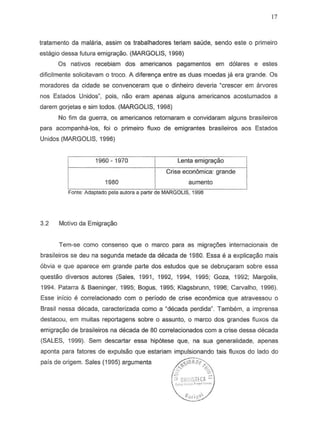 17
tratamento da malaria, assim os trabalhadores teriam saude, sendo este 0 primeiro
estagio dessa futura emigra9ao. (MARGOLIS, 1998)
Os nativos recebiam dos americanos pagamentos em d61ares e estes
dificilmente solicitavam 0 treeD. A diferen~aentre as duas moedas ja era grande. as
moradores da cidade S8 convenceram que 0 dinheiro deveria ~crescerem arvores
nos Estados Unidos", pOis, nao eram apenas alguns americanos acostumados a
darem gorjetas e sim todos. (MARGOLIS, 1998)
No tim da guerra, as americanos retomaram e convidaram alguns brasileiros
para acompanha-Ios, foi 0 primeiro fluxo de emigrantes brasileiros aos Estados
Unidos (MARGOLIS, 1998)
1960-1970 Lenta emigra,ao
Crise econ6mica: grande
1980 aumento
Fonte. Adaptado pela autora a partIr de MARGOLIS, 1998
3.2 Motivo da Emigra,ao
Tem-S8 como cansenso que 0 marco para as migra90es internacionais de
brasileiros se deu na segunda metade da decada de 1980. Essa e a explica,ao mais
6bvia e que aparece em grande parte dos estudos que se debru,aram sobre essa
questao diversos autores (Sales, 1991, 1992, 1994, 1995; Goza, 1992; Margolis,
1994. Patarra & Baeninger, 1995; Bogus, 1995; Klagsbrunn, 1996; Carvalho, 1996).
Esse inicio e correlacionado com 0 periodo de crise econ6mica que atravessou 0
Brasil nessa decada, caracterizada como a "decada perdida". Tambem, a imprensa
destacou, em muitas reportagens sobre 0 assunto, 0 marco dos grandes fluxos da
emigrac;aode brasileiros na decada de 80 correlacionados com a crise dessa decada
(SALES, 1999). Sem descartar essa hip6tese que, na sua generalidade, apenas
aponta para fatores de expulsao que estariam impulsionando tais fiuxos do lado do
pais de origem. Sales (1995) argumenta
 
