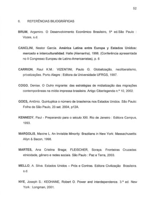 52
6. REFERENCIAS BILIOGRAFICAS
BRUM, Argemiro. 0 Desenvolvimento Econ6rnico Brasileiro, sa ed.Sao Paulo
Vozes, s.d.
CANCLlNI, Nestor Garcia. America Latina entre Europa y Estados Unidos:
mercado e interculturalidad. Halle (Alemanha), 1998. (Conferencia apresentada
no II Congresso Europeu de Latino-Americanistas), p. 6
CARRION, Raul K.M.: VIZENTINI, Paulo G. Globaliza9iio, neoliberalismo,
privatizagoes. Porto Alegre: Editora da Universidade UFRGS, 1997.
COGO, Denise. 0 Outro migrante: das estratlgias de midiatiza9iio das migragoes
contemporaneas na mfdia impressa brasileira. Artigo Ciberlegenda n,o 10, 2002.
GOES, Antonio. Quintuplica 0 n"mera de brasileiros nos Estados Unidos. Sao Paulo:
Folha de Sao Paulo, 23 set. 2004, p12A.
KENNEDY, Paul - Preparando para 0 seculo XXI. Rio de Janeiro: Editora Campus,
1993.
MARGOLIS, Maxine L. An Invisible Minority: Brazilians in New York: Massachusetts:
Allyn & Bacon, 1998.
MARTES, Ana Cristina Braga; FLEISCHER, Soraya. Fronteiras Cruzadas:
etnicidade, genera e redes sociais. Sao Paulo' Paz e Terra, 2003.
MELLO, A. Silva. Estados Unidos - Pros e Contras. Editora Civilizagao Brasileira.
s.d.
NYE, Joseph S.: KEOHANE, Robert O. Power and interdependence. 3.' ed. New
York: Longman, 2001.
 
