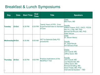 Breakfast & Lunch Symposiums
17
Day Date Start Time
End
Time
Title Speakers
Tuesday 23-Oct 6:30 PM 8:30 PM
Twenty Years of FFR: From
Experimental Index to Standard
of Care
Chair:
Mort Kern, MD
Faculty:
William Fearon, M.D., FACC, FSCAI
Nico H.J. Pijls, MD, PhD
Bernard De Bruyne, MD, PhD
Peter VerLee
Wednesday24-Oct 6:30 AM 8:00 AM
OCT to Optimize Daily PCI
procedures
Chair:
Dr. Steven Marso
Faculty:
Dr. Jagat Narula
Dr Francisco Prati
Thursday 25-Oct 6:30 PM 9:00 PM
Practice Implications of the
RESPECT Trial
Chairs:
John Carroll, MD
Jeffrey Saver, MD
Faculty:
John Carroll, MD
Lee MacDonald, MD
Jeffrey Saver, MD
Richard Smalling, MD
David Thaler, MD, PhD
International Speaker – TBD
 