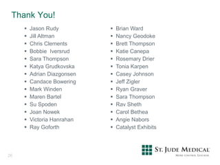 Thank You!
26
 Jason Rudy
 Jill Altman
 Chris Clements
 Bobbie Iversrud
 Sara Thompson
 Katya Grudkovska
 Adrian Diazgonsen
 Candace Bowering
 Mark Winden
 Maren Bartel
 Su Spoden
 Joan Nowek
 Victoria Hanrahan
 Ray Goforth
 Brian Ward
 Nancy Geodoke
 Brett Thompson
 Katie Canepa
 Rosemary Drier
 Tonia Karpen
 Casey Johnson
 Jeff Zigler
 Ryan Graver
 Sara Thompson
 Rav Sheth
 Carol Bethea
 Angie Nabors
 Catalyst Exhibits
 