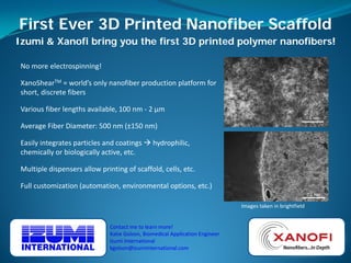 First Ever 3D Printed Nanofiber Scaffold 
No more electrospinning! 
XanoShearTM = world’s only nanofiber production platform for short, discrete fibers 
Various fiber lengths available, 100 nm - 2 μm 
Average Fiber Diameter: 500 nm (±150 nm) 
Easily integrates particles and coatings  hydrophilic, chemically or biologically active, etc. 
Multiple dispensers allow printing of scaffold, cells, etc. 
Full customization (automation, environmental options, etc.) 
Izumi & Xanofi bring you the first 3D printed polymer nanofibers! 
Contact me to learn more! 
Katie Golson, Biomedical Application Engineer 
Izumi International 
kgolson@izumiinternational.com 
Images taken in brightfield 
